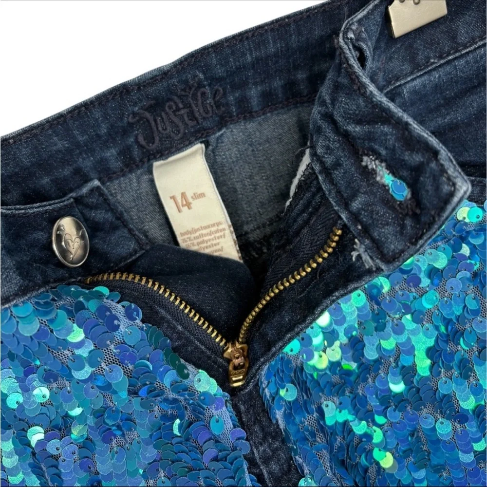 Justice Girl’s Blue & Turquoise Sequin Denim Mermaid Jean Shorts Size 14 Slim
